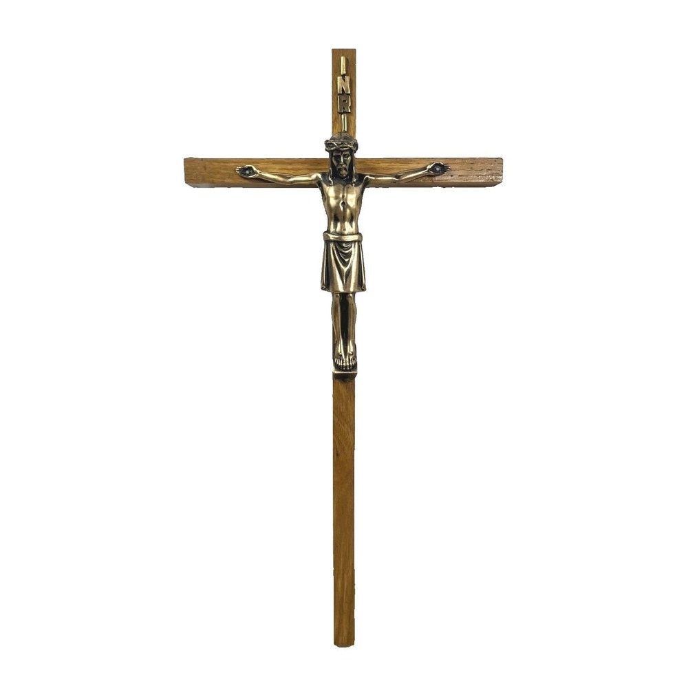 Vtg Wooden Cross Jesus Christ Crucifix Bronze Color Figure INRI 20 x 9 Inches
